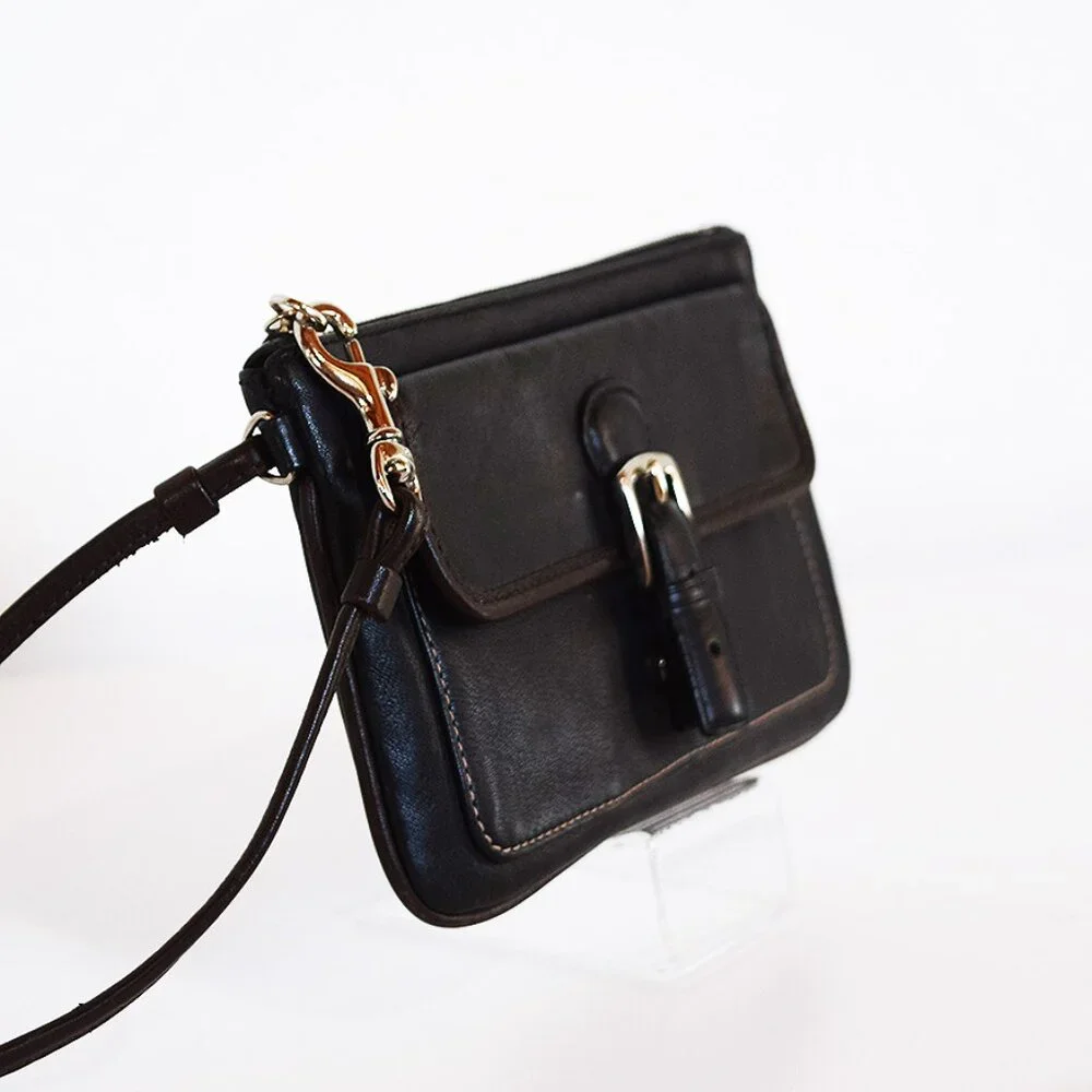 Coach Black Leather Wristlet With Brown Trim